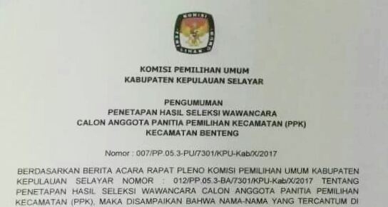 Ini 55 Anggota PPK yang ditetapkan KPU Kabupaten Kepulauan Selayar