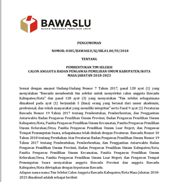 Bawaslu RI umumkan Nama Nama Team Seleksi Bawaslu Kabupaten Kota, Berikut Daftarnya