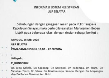 PLN ULP Selayar Umumkan Managemen Beban Listrik Akibat Gangguan Mesin PLTD Tangkala